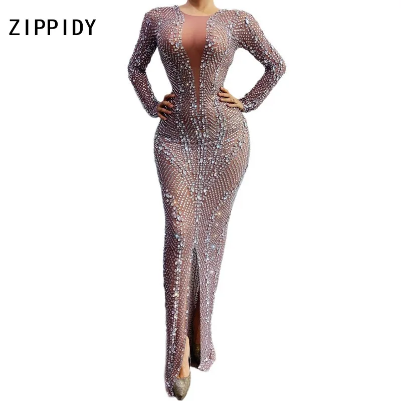 Silver Rhinestones Transparent Mesh Long Dress Women's Birthday Celebrate Prom Stage Singer Dancer Dresses | Тематическая