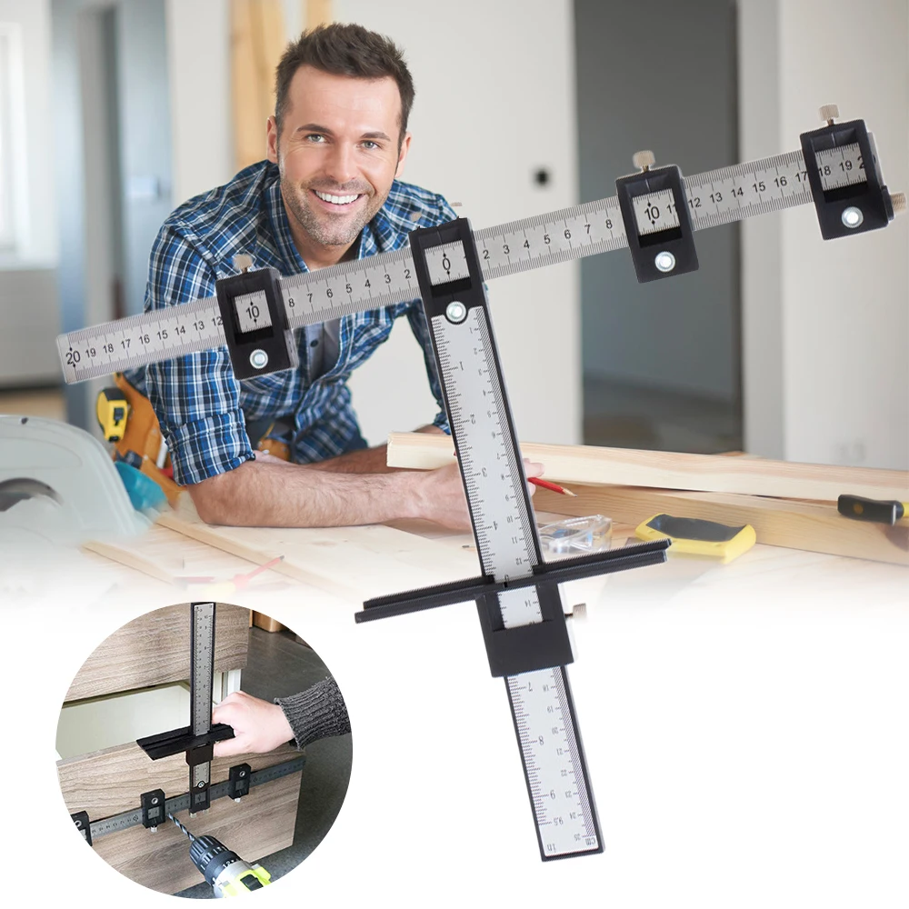 

Multifunctional Furniture Carpentry Punch Locator Drill Guide Ruler Woodworking Hole Locator Adjustable Drilling Positioner Tool