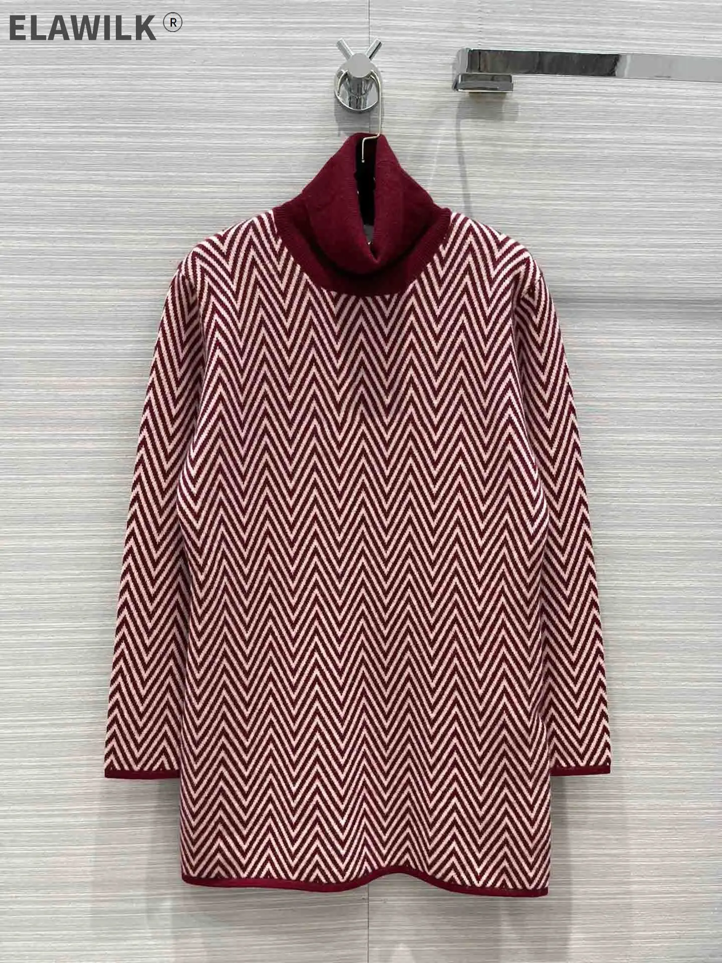 

Luxury 100% Cashmere Pullover for Women Autumn New 2021 Runway Design Wave Jacquard Sweaters Fashion Long Sleeve Red Turtlenecks