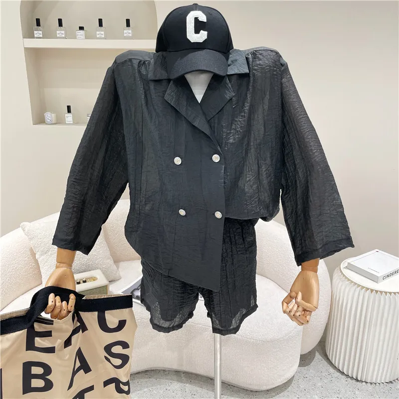 

New Women's Clothing Summer 2021 Fashion Design Double breasted Three dimensional shirt Top Shorts two piece set