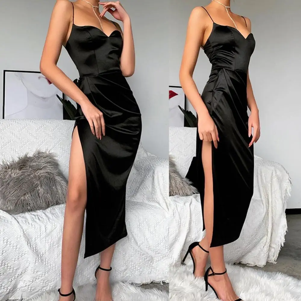 

70% Summer Women's Dress 2021 Hot Sell Sexy Women V Neck Sleeveless Spaghetti Strap Ruched Side Slit Party Long Dress
