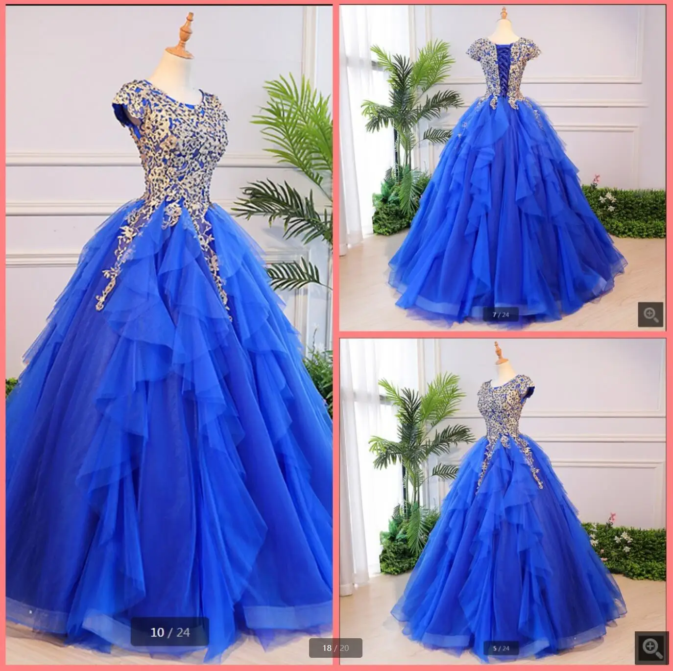 

2021 Real Picture royal blue tulle vintage ball gown prom dress lace appliques short sleeve pearls modest prom gowns hot sale