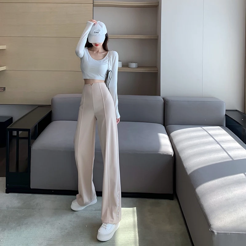 

Women's Pants Fashion Loose Trousers Straight Pants Long Length Female High Waist Casual Wide Leg Buttons Pants Gray Clothing