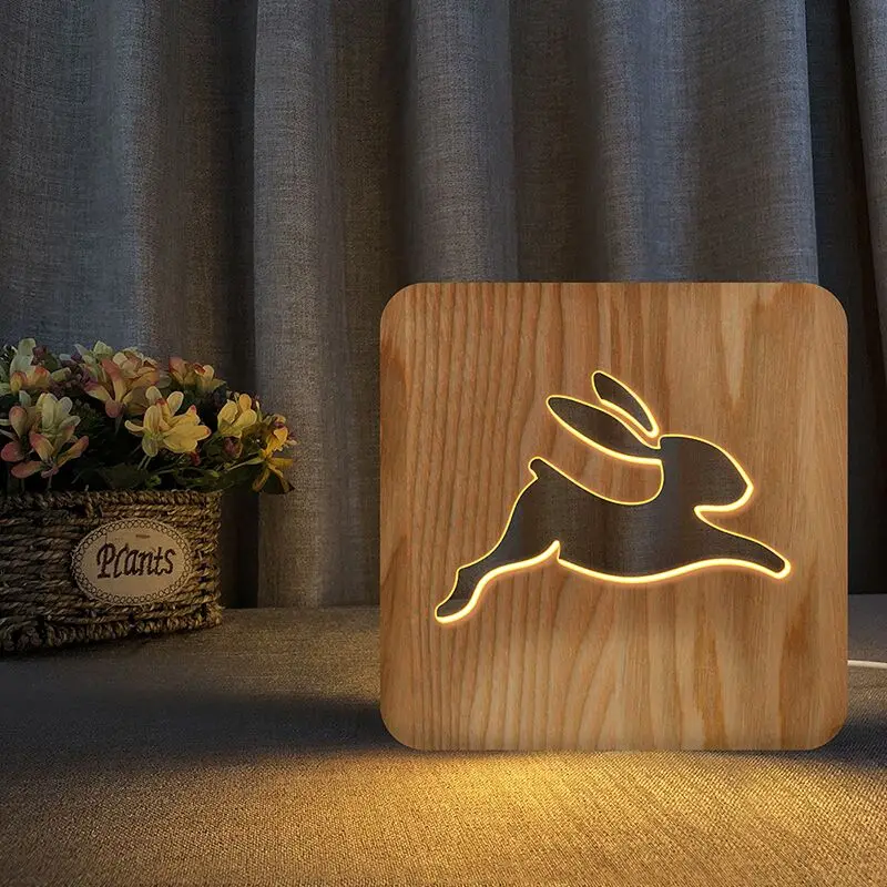 B Ins кролик из дерева лампа USB Настольная Светодиодная лампа новогодняя елка ночник Кролик для ребенка Детская комната Новогодне - Испускаемый цвет: B