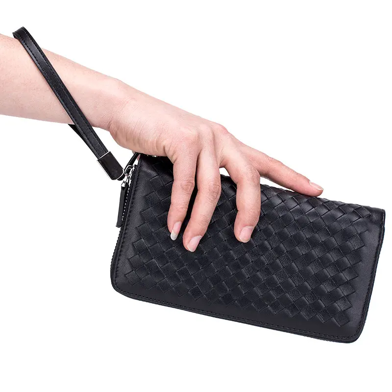 

Genuine Leather Men & Women Long Wallet Sheepskin Organizer Wallets Manual Knitting Female Male Large Capacity Vintage Money Bag