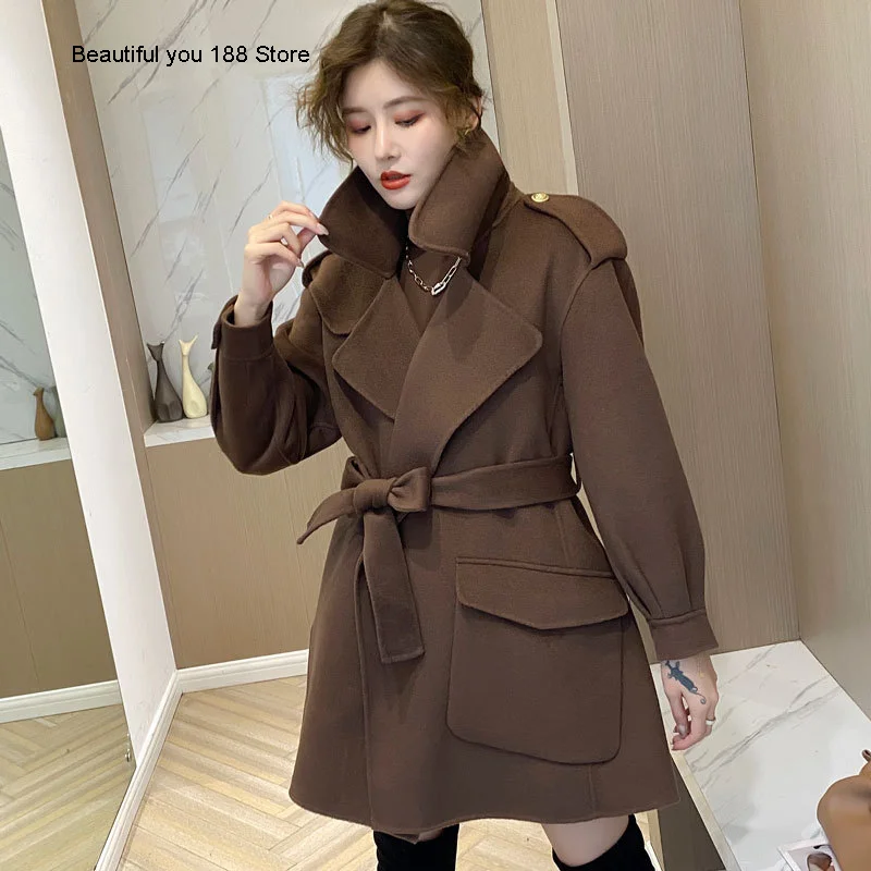 

Double sided cashmere women's Lapel medium long woolen coat