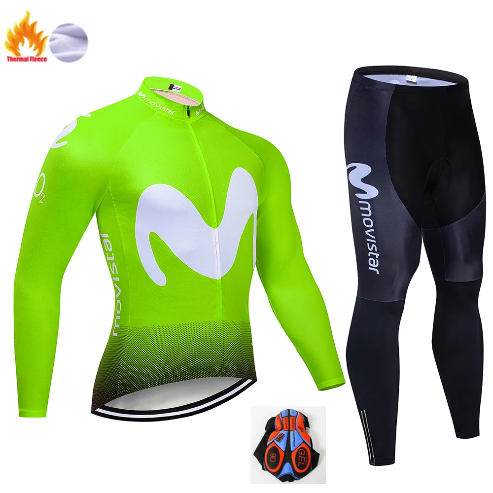 Winter suit Зимняя Теплая Флисовая мужская майка Movistar с длинным рукавом для езды на велосипеде, велосипедная 9D Подушка, штаны, комплекты одежды для езды на велосипеде - Цвет: Winter suit