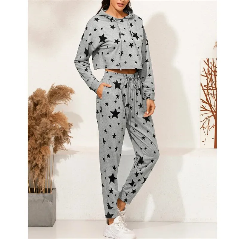 

2Pcs Women Star Pattern Outfit Autumn Spring Long Sleeve Pullover Crop Top Drawstring Pants Set Casual Plus Size Clothing Street