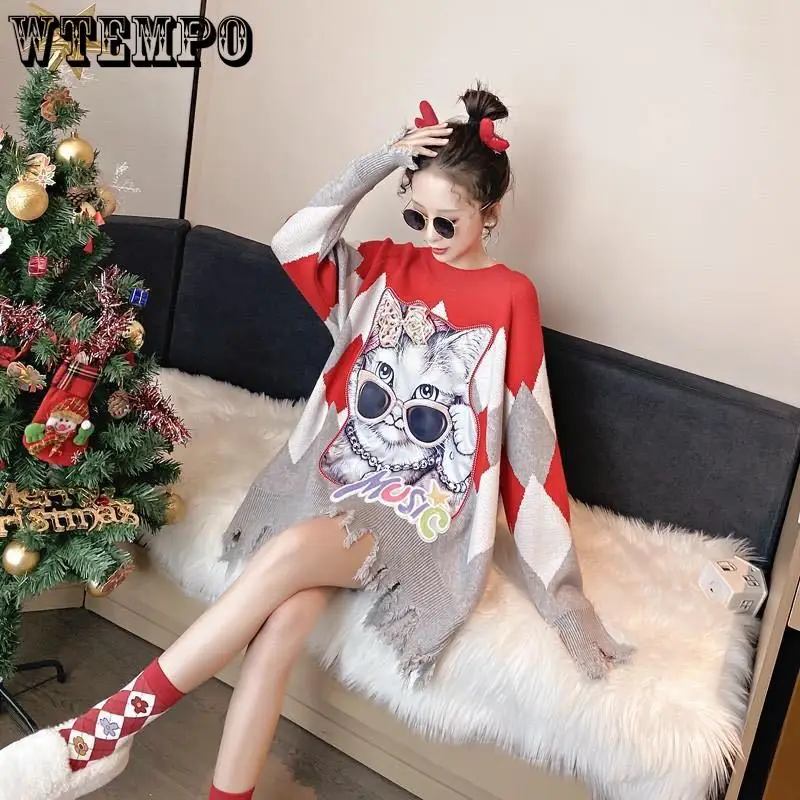 

Argyle Sweater Oversized Harajuku Pullover Sweaters Women Cat Embroidery Patchwork Fashion Streetwear Hip Hop Woman Sweater