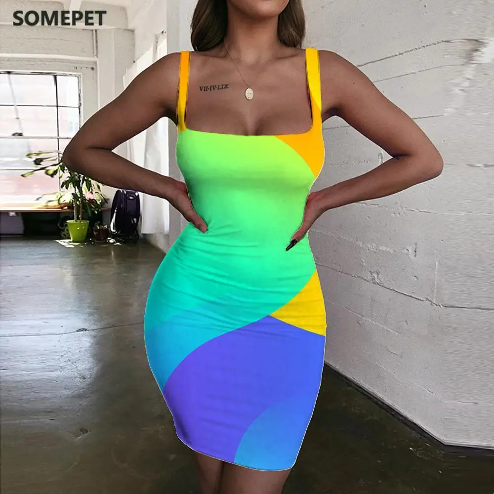 

SOMEPET Colorful Dress Women Graphics Sundress Abstract Halter Sleeveless Psychedelic Bodycon Dress Womens Clothing Club Vintage