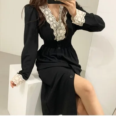 

Новое женское элегантное кружевное платье с v-образным вырезом и длинным рукавом, однотонное платье с эластичной резинкой на талии, однобор...