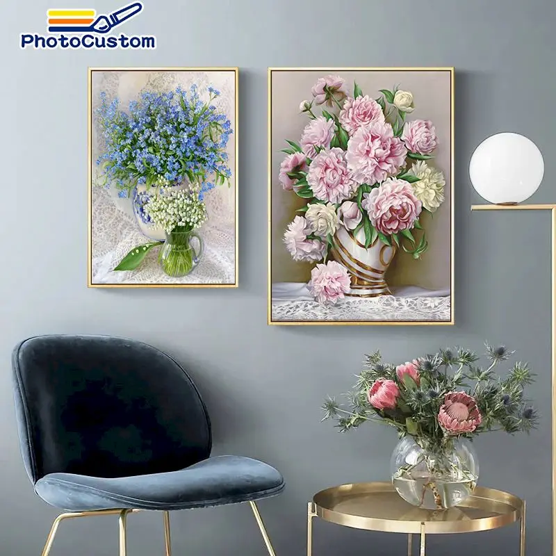 

PhotoCustom Diy Frame Painting By Numbers Pink Flowers 60x75cm For Adults Diy Gift Home Decors Artcraft Paints by numbers