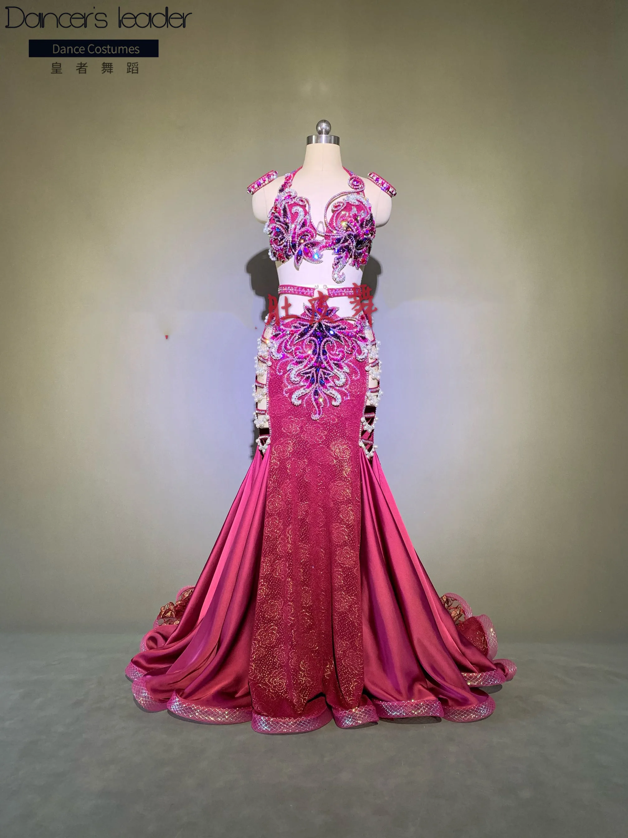 Custom size 2020 women's new belly dance suit rhinestone bra + high-definition sexy bag hip big swing skirt show costume rose