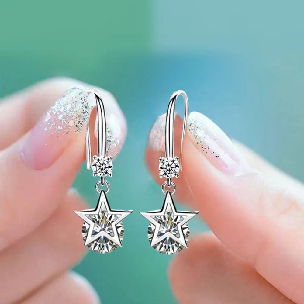 

925 Sterling Silver for Woman Fashion Jewelry Blue Crystal Zircon Five-pointed Star Long Tassel Retro Hook Earrings Orecchini