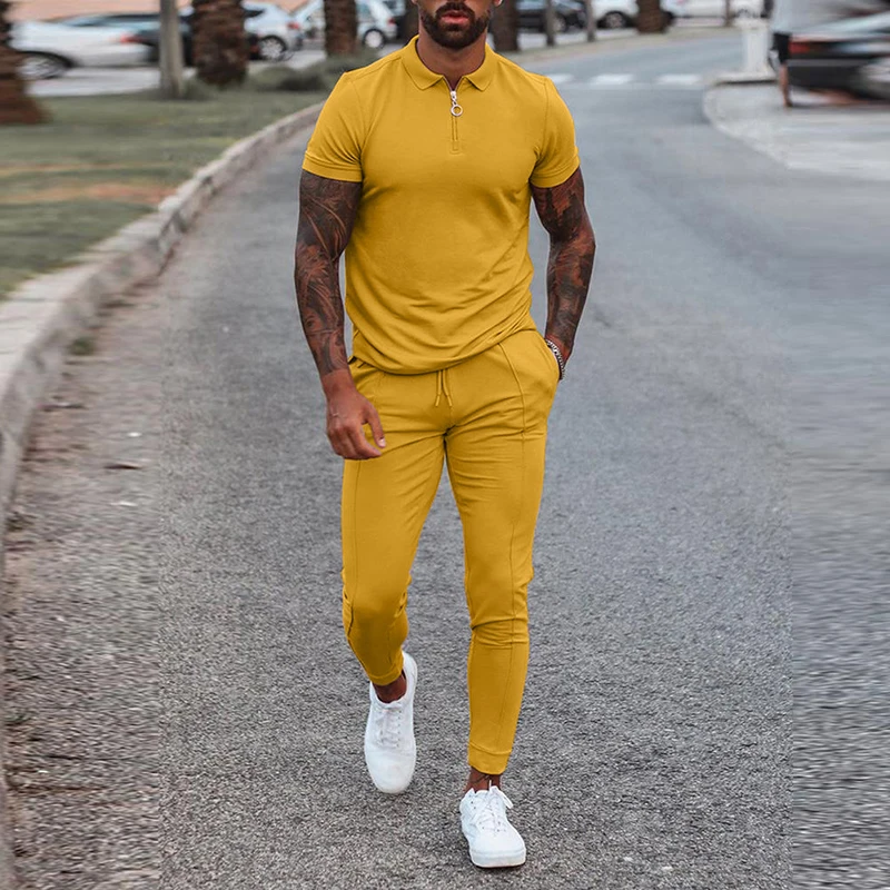 

Xfhh модная однотонная мужская одежда 2021 летний комплект из 2 предметов мужские топы на молнии с отложным воротником и брюки со шнуровкой наря...