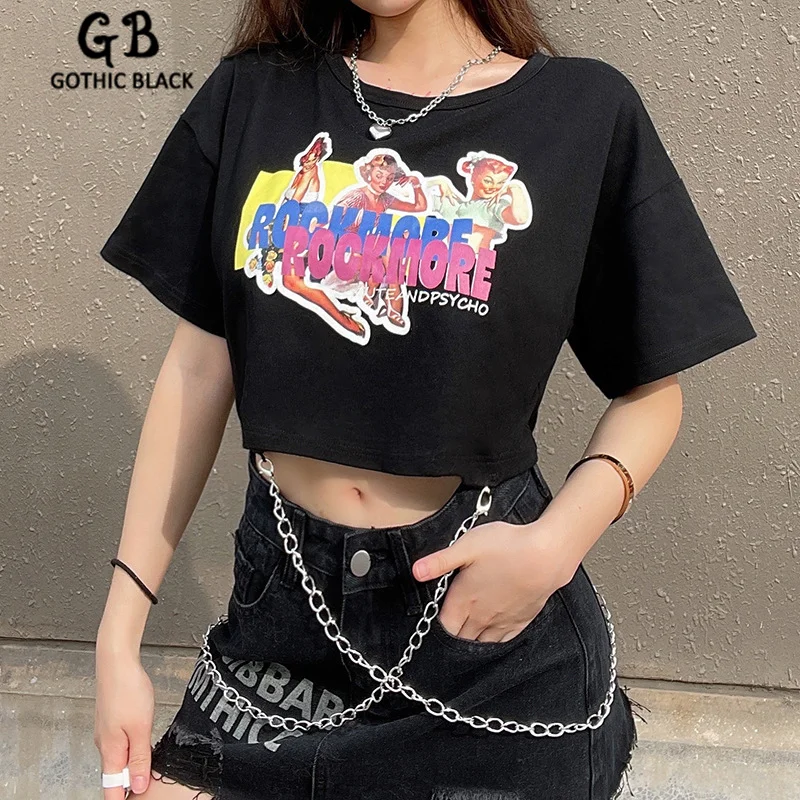 

Gothblack Women Street Harajuku Printing Tshirt Fashion Loose O Neck Short Sleeve Chain Navel Crop Top Summer Chic Casual Tops