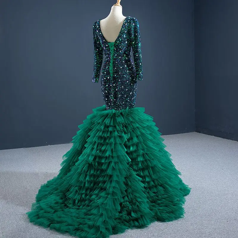 RSM67186 Green V-Neck Metal Sequins Frill Banquet Evening Dress 2021 Tiered Fishtail Backless Lace Up Party Gown