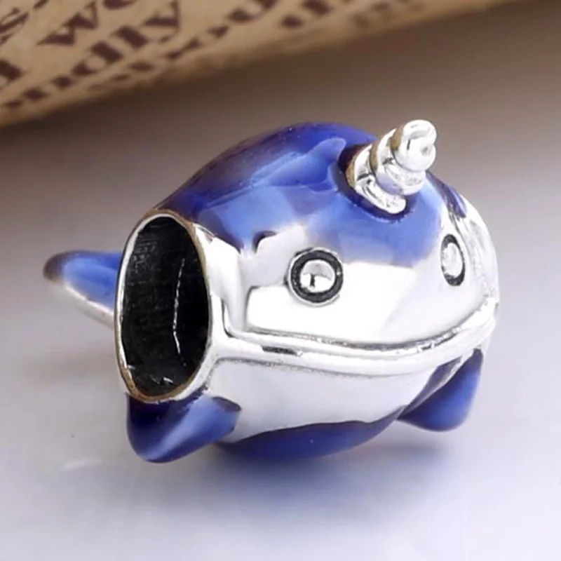 

New 925 Sterling Silver Charm Deep Blue Enamel Shimmering Narwhal Bead Fit Original Bracelet Necklace DIY Jewelry