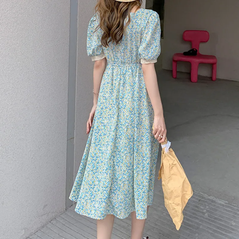 

Kleider Damen New Elegant Short Sleeve Printed Midi Dress Vintage Elastic Waist Chiffon Dresses 2021 Summer Vestidos De Verano