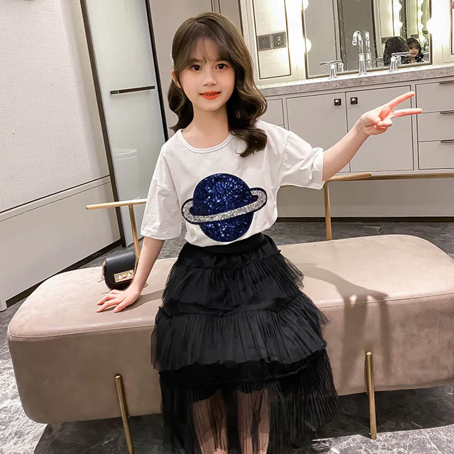 Летняя одежда для девочек футболка с блестками + юбка Повседневная стильная