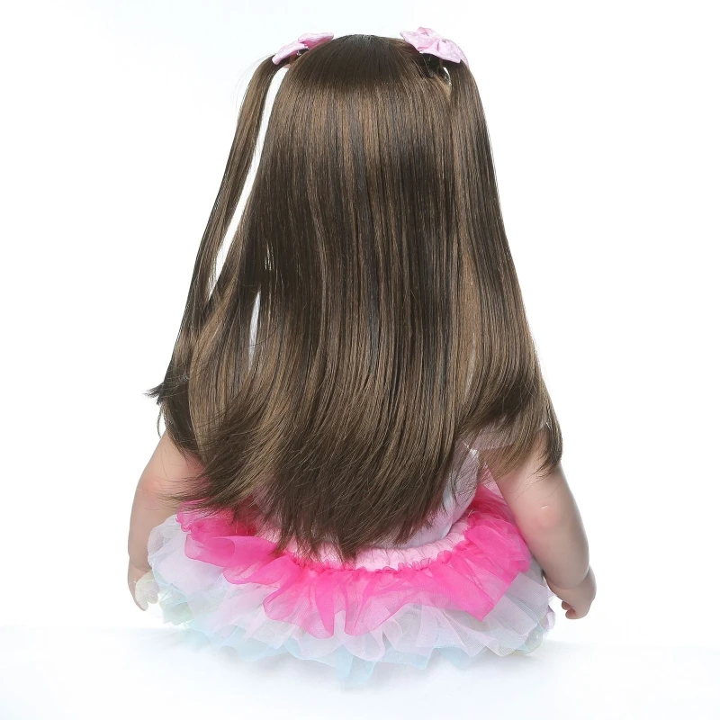 

24 inch Lovely Reborn Baby Girl Dolls Toddler Realistic Silicone Long Hair Toy 54DA