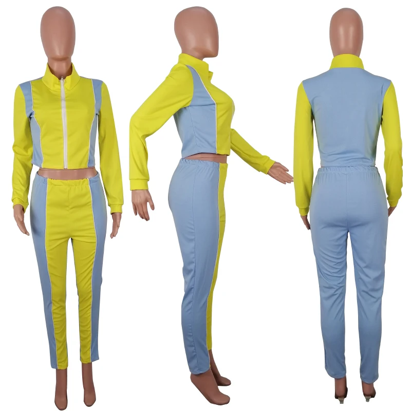 

Color Patchwork Women Fashion Casual Two Piece Set Zip Up Long Sleeve Shirt Crop Top Pencil Pants Jogger Suit Tracksuit