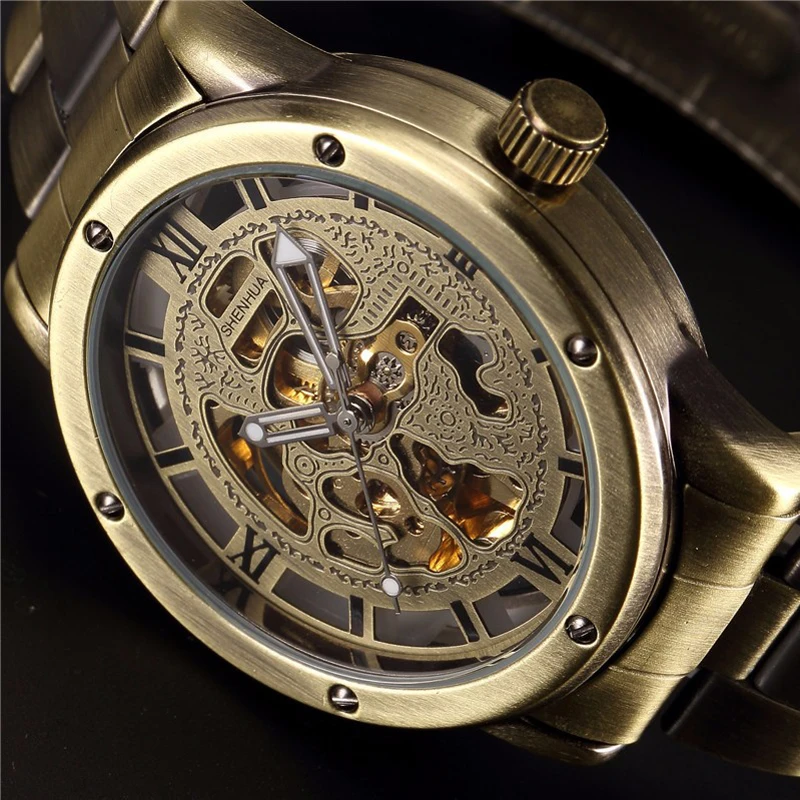Мужские Винтажные бронзовые автоматические механические часы наручные Shenhua из