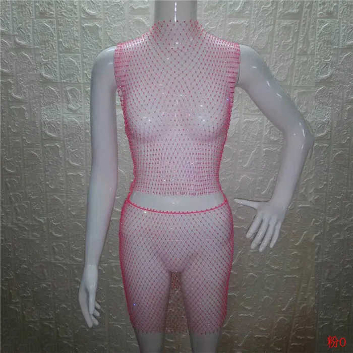 Pink O-neck Блестящие Кристальные Стразы, женская одежда, сетчатые Прозрачные топы, клетчатые сексуальные мини юбки, летний комплект из 2 предметов, Клубные, трендовые - Цвет: Pink O-neck
