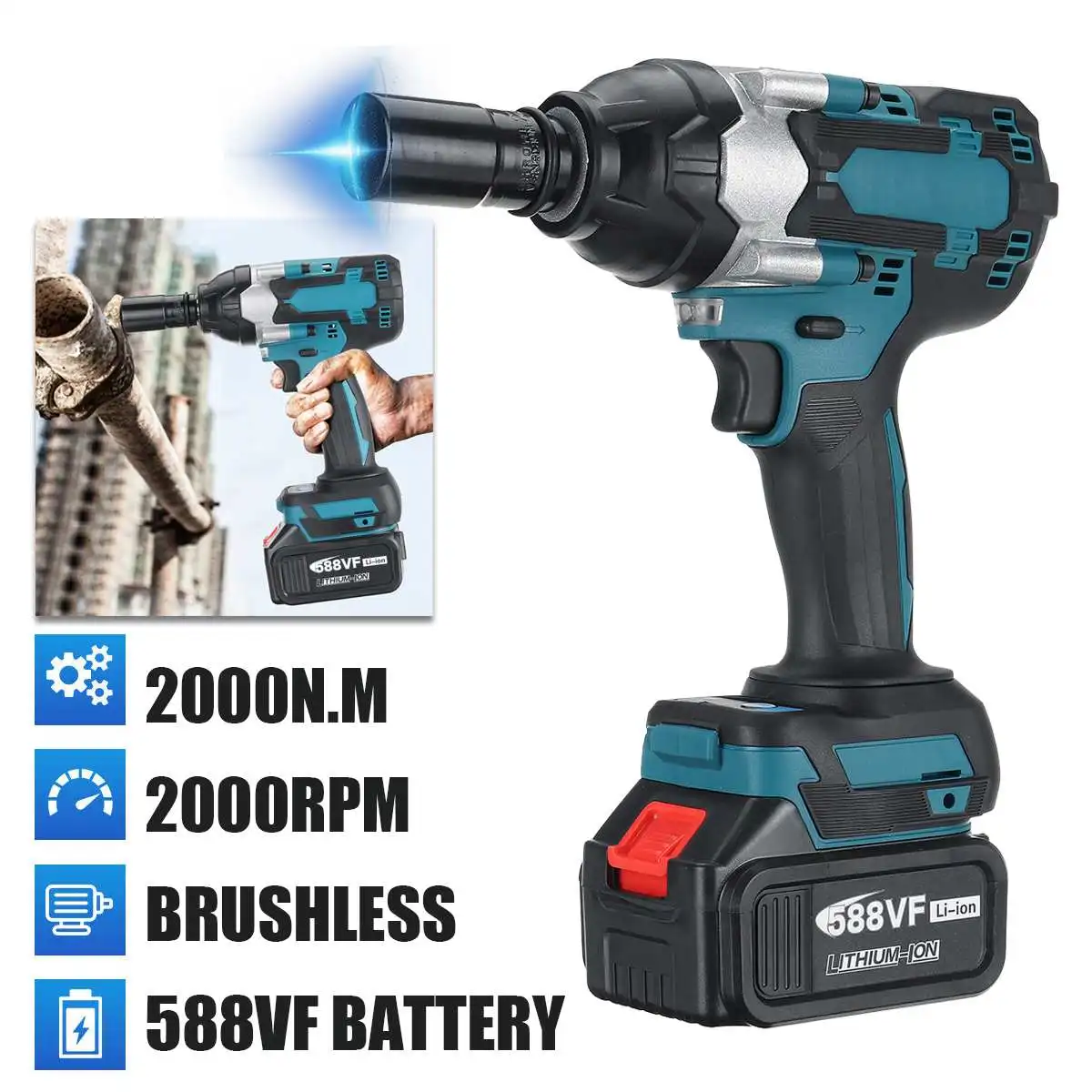 2000N.M Cordless Electric Impact Wrench 1/2 inch Socket Power Tools Car Repair 588Vf Li Battery +LED Adapt to Makita | Инструменты