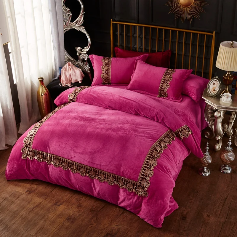 Кружевной Бархатный комплект постельного белья принцессы розовый зеленый синий