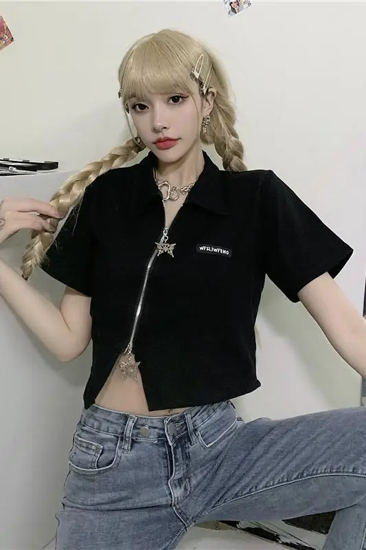

Design sense t-shirt top girl 2021 new summer Korean version ins niche butterfly zipper slim bf short-sleeved tide