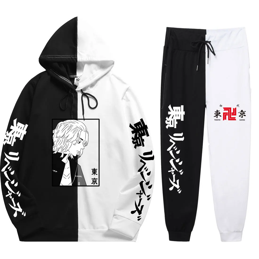 

Summer Man 2 Pieces Sets Japan Anime Tokyo Revengers Print hoodies sets Loose Simplicity Patchwork Thin Hoodie+Patchwork Pants
