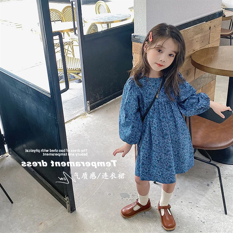 

Children Floral Dress 2021 Spring Autumn Girls Puff Sleeve Cotton Dress Princess Round Neck Princess Dress