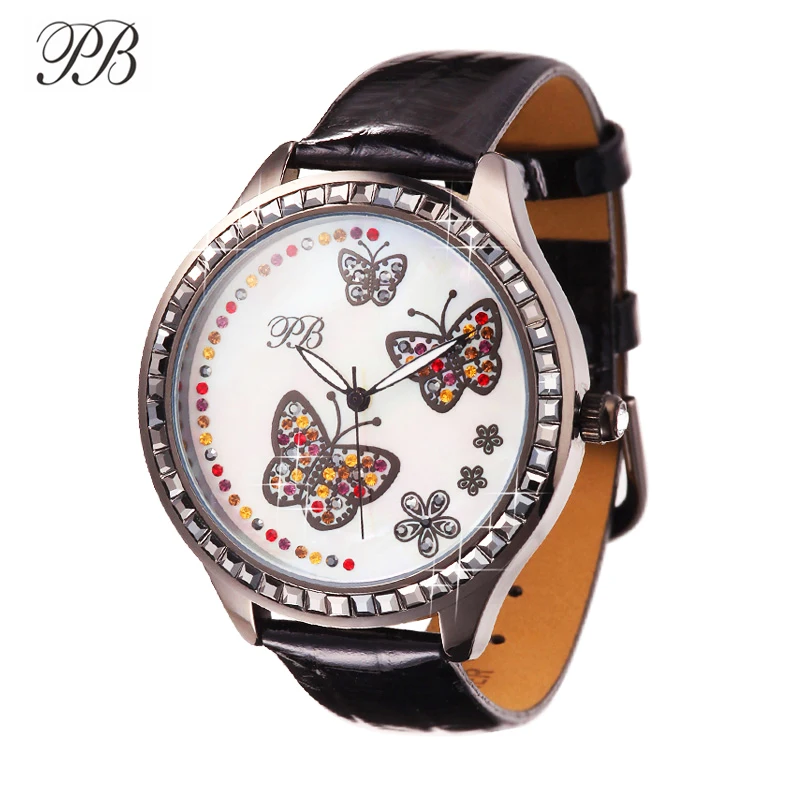Princess Butterfly Брендовые Часы для женщин жемчуг и Кристалл Бабочка Водонепроницаемые кожаные кварцевые женские часы