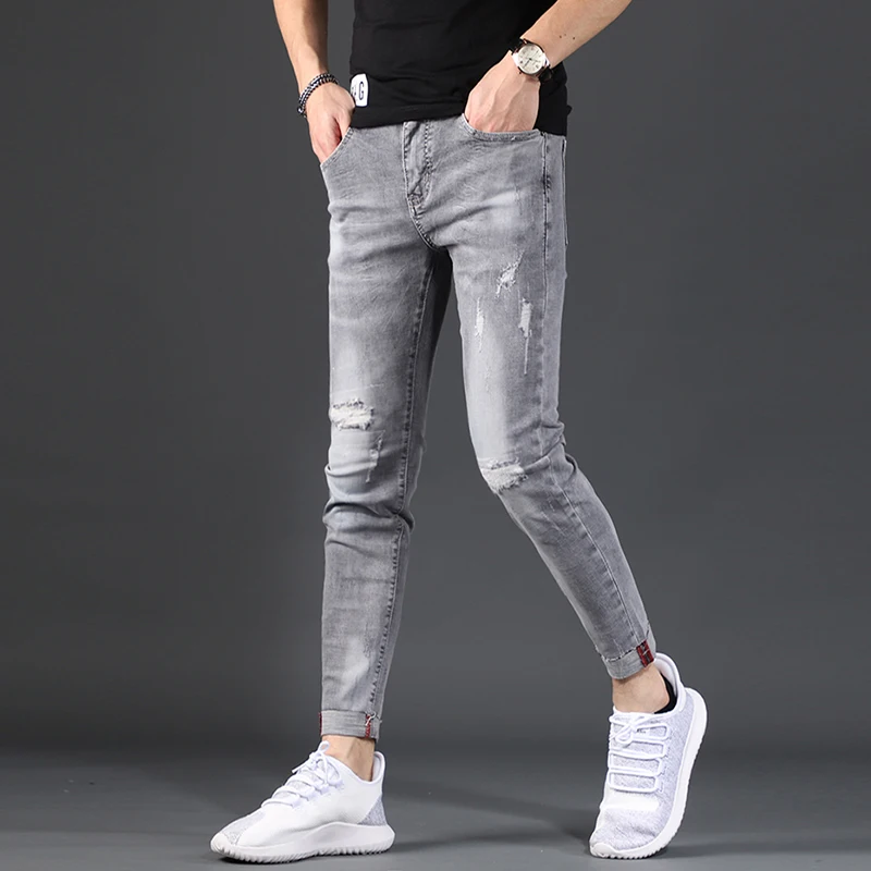 Men Ripped Skinny Jeans Summer Gray Cotton Stretch Ankle-Length Pants Fashion Korean Style Slim Fit Denim Trousers