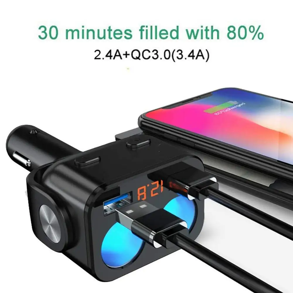 

QC 3.0 Fast Charge Car Charger Cigarette Lighter Socket Two Way Splitter Dual USB Ports Charging Adaptor DC 12V-24V