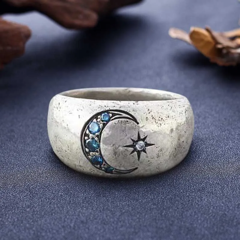 

New Fashion Retro Simple Geometric Ring Sun and Moon Inlaid Zircon Temperament Ladies Ring Anniversary Christmas Gift Party Ring