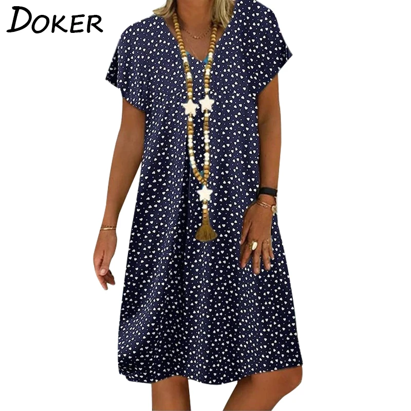 

V Neck Round Dim Sum Print Short-sleeved Women Dresses Casual Big Swing Beach Party Dress Plus Size Female Dress