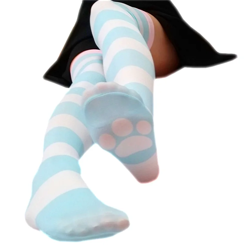 

Blue And White Stripes Cat Claw Socks Meat Mat Printing Two Dimensional Animation Sweet Cute Lolita Girl Soft Sister High Socks