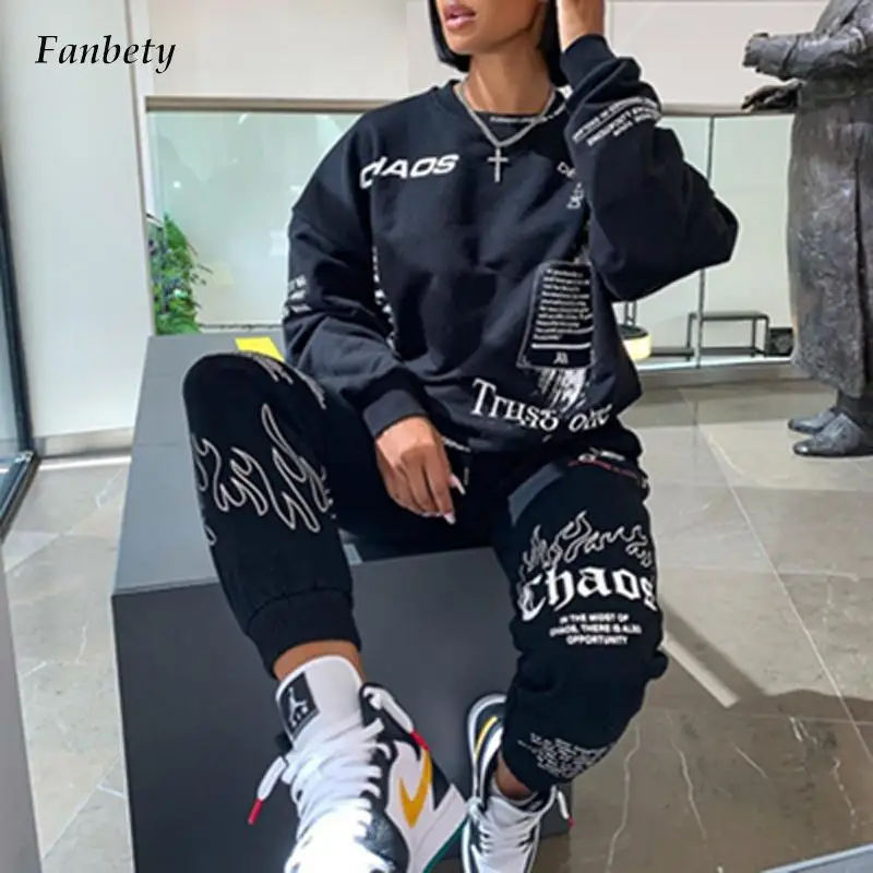 

Fashion Winter Sportwear Tracksuit Sets Women Street Letter Print O Neck Sweatshirt Pullover and Long Pants Suit Casual Outfits