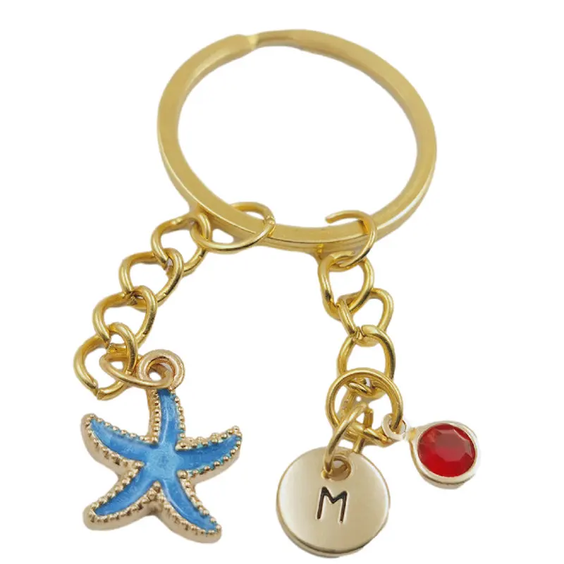 

Starfish Blue Animal Initial Letter Birthstone Keychains Keyring Gold Fashion Jewelry Women Gifts Christmas Accessories Pendants
