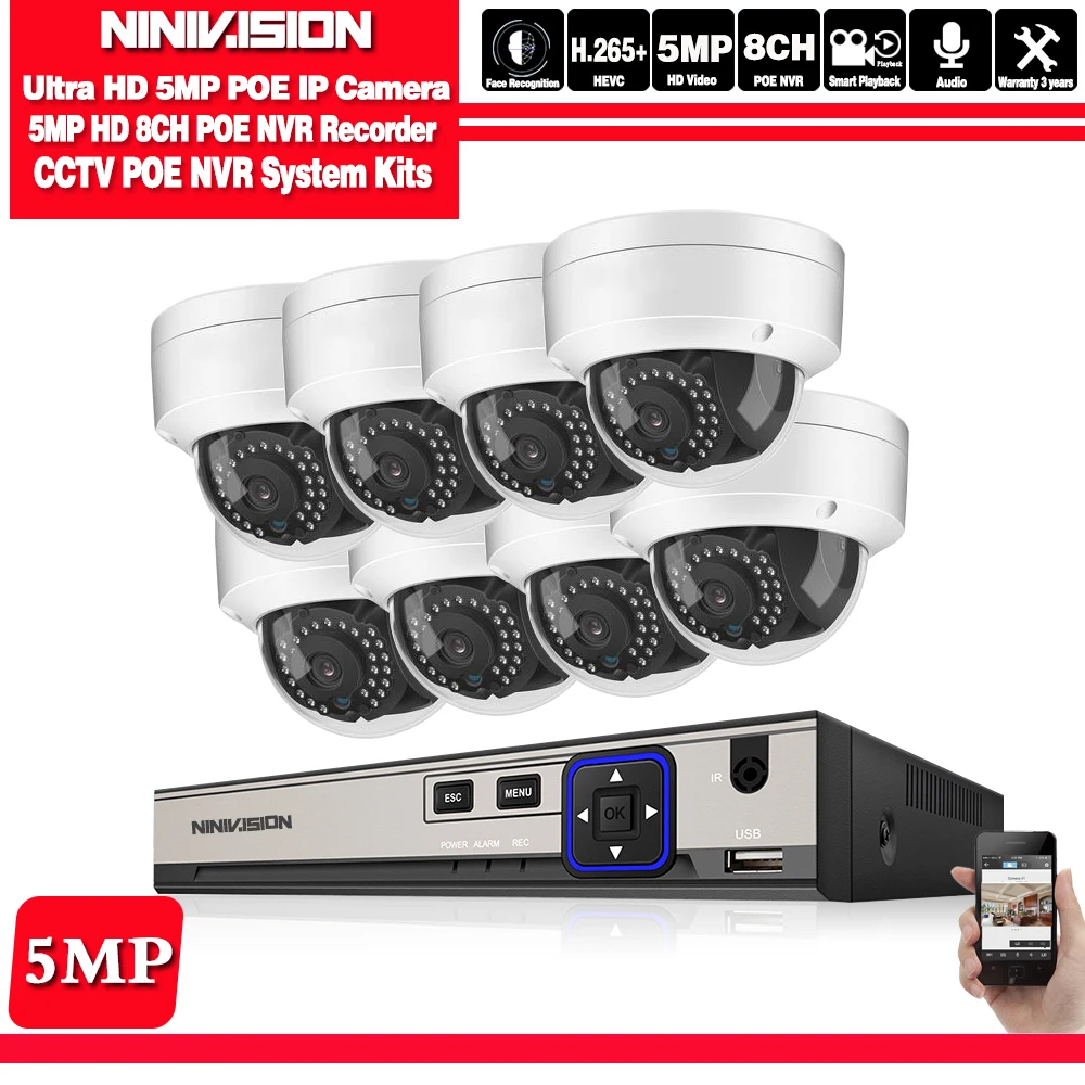 8 каналов 5 Мп HDMI POE NVR комплект системы видеонаблюдения ИК наружная купольная