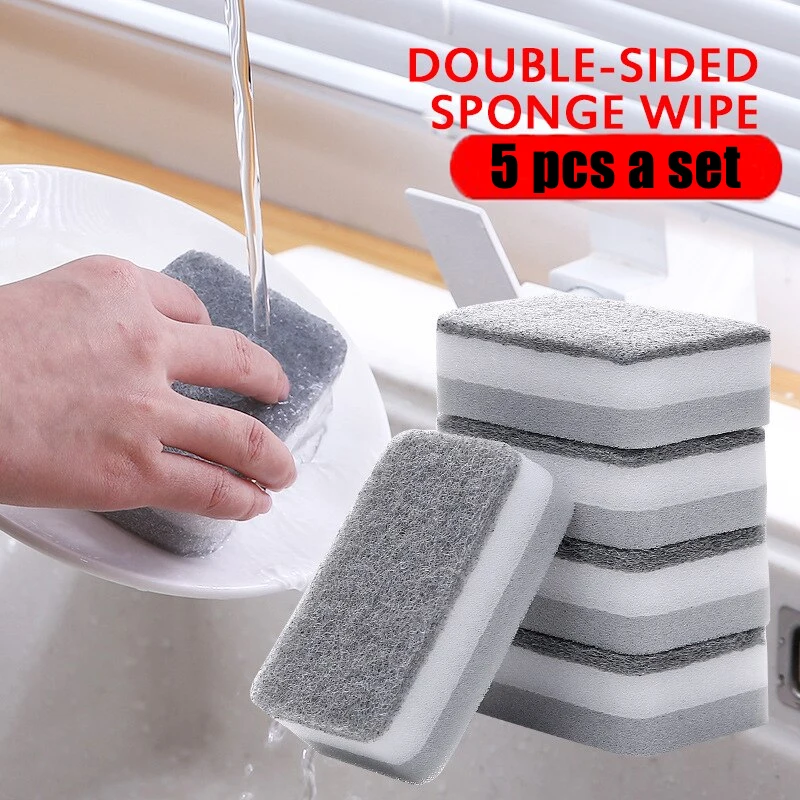 

5pcs Sponge Double-side Sponge Scrub Dishwashing Pot To Wash Dishes Wipe Kitchen Cleaning Sponge Scouring Pad