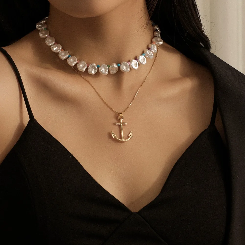 

2021 New Bohemian Pearl Mixed Round Beads Clavicle Neck Chain Fashion For Women Retro Boat Anchor Hook Pendant Necklace Collar