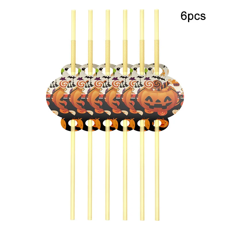 straw-6pcs Halloween Candy Pumpkin Head Theme Creative Party Package Decoration Party Supplies Party Disposable Tableware Cup Plate - Цвет: straw-6pcs