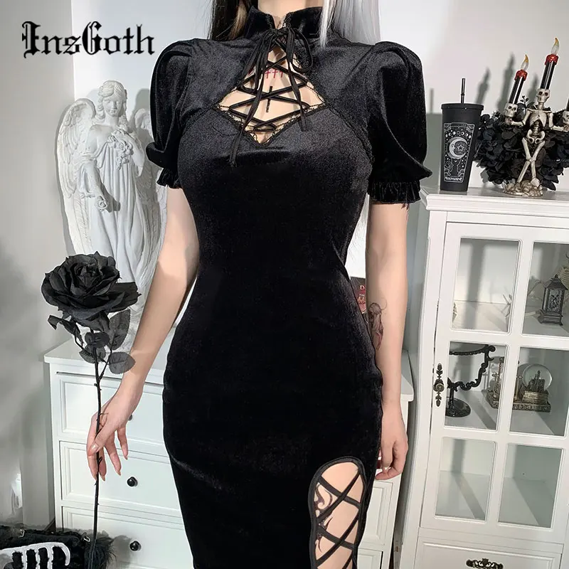 

InsGoth Vintage Elegant Black Velvet Dress Women Harajuku Lace Up High Waist Slit Dresses Aesthetic Slim Party Dress Cheongsam