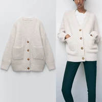 white winter knit cardigan women long sleeve patch pockets loose sweater button up female vintage knitted cardigans