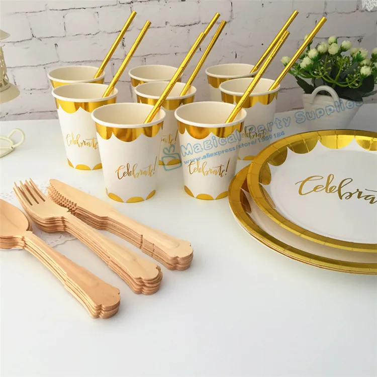 24 человека Золотая фольга бумажные тарелки и стаканы соломинки столовые приборы