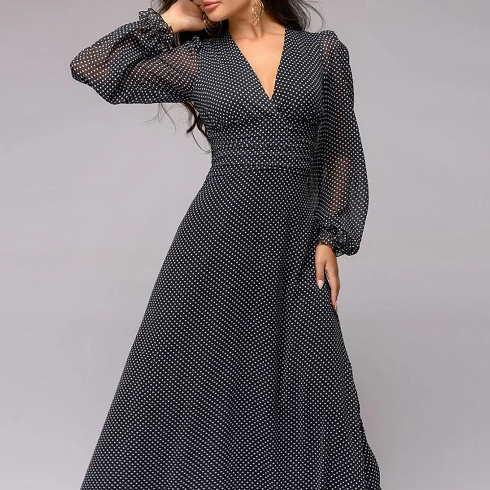 

Western Style Fashion Temperament Loose Casual Women's Dress Elegant Designer High Waist Wave Point V-neck Puff Sleeve