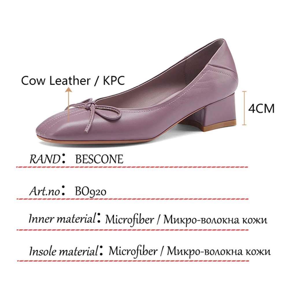 

BESCONE Casual Pumps Women Handmade Square Heel Square Toe Butterfly-Knot Slip-On Pumps New Comfortable Office Lady Shoes BO920